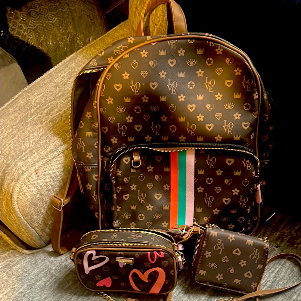 Claire's brown and pink Backpack with Colorful Pattern